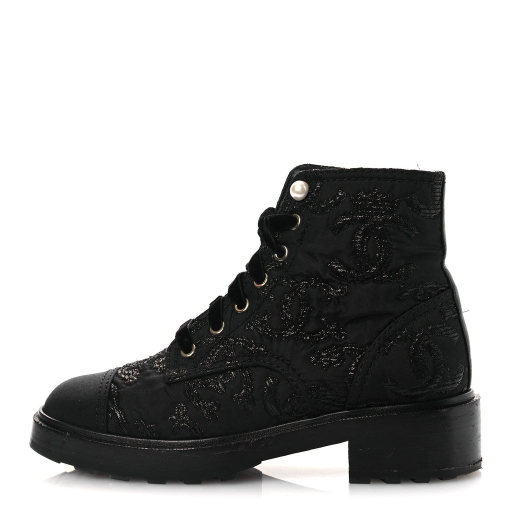 Grosgrain Tweed Pearl CC Combat Short Boots 39 Black