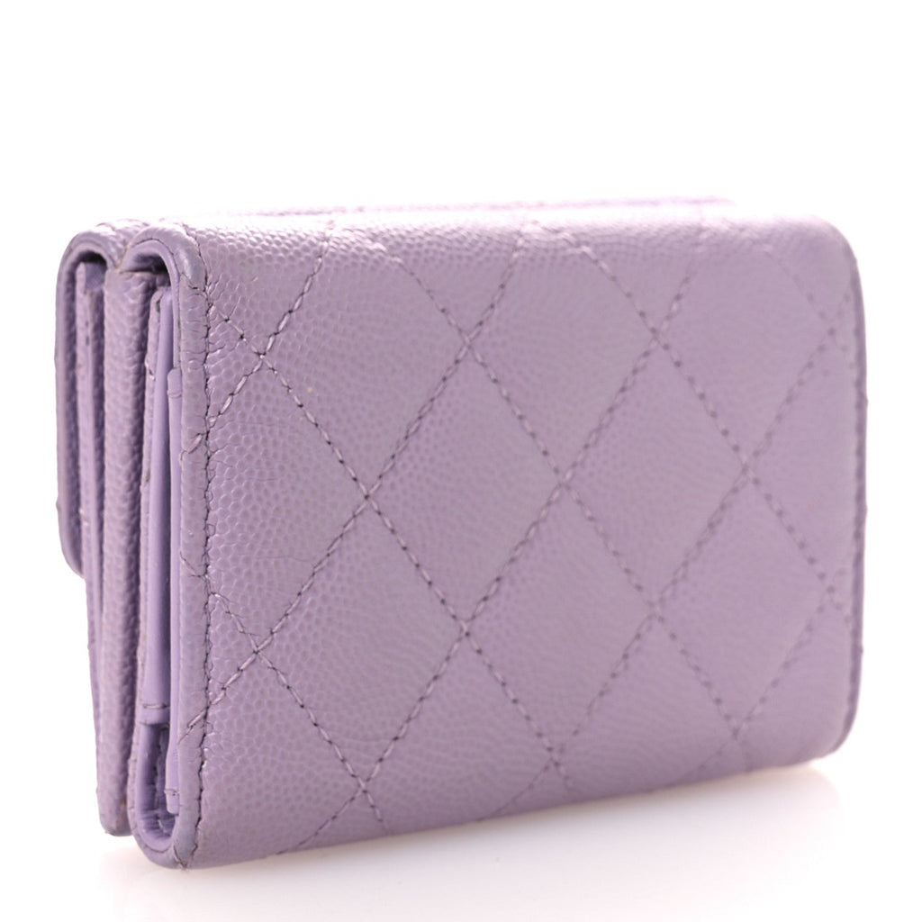 Caviar Quilted CC Logo Double Flap Wallet Light Purple