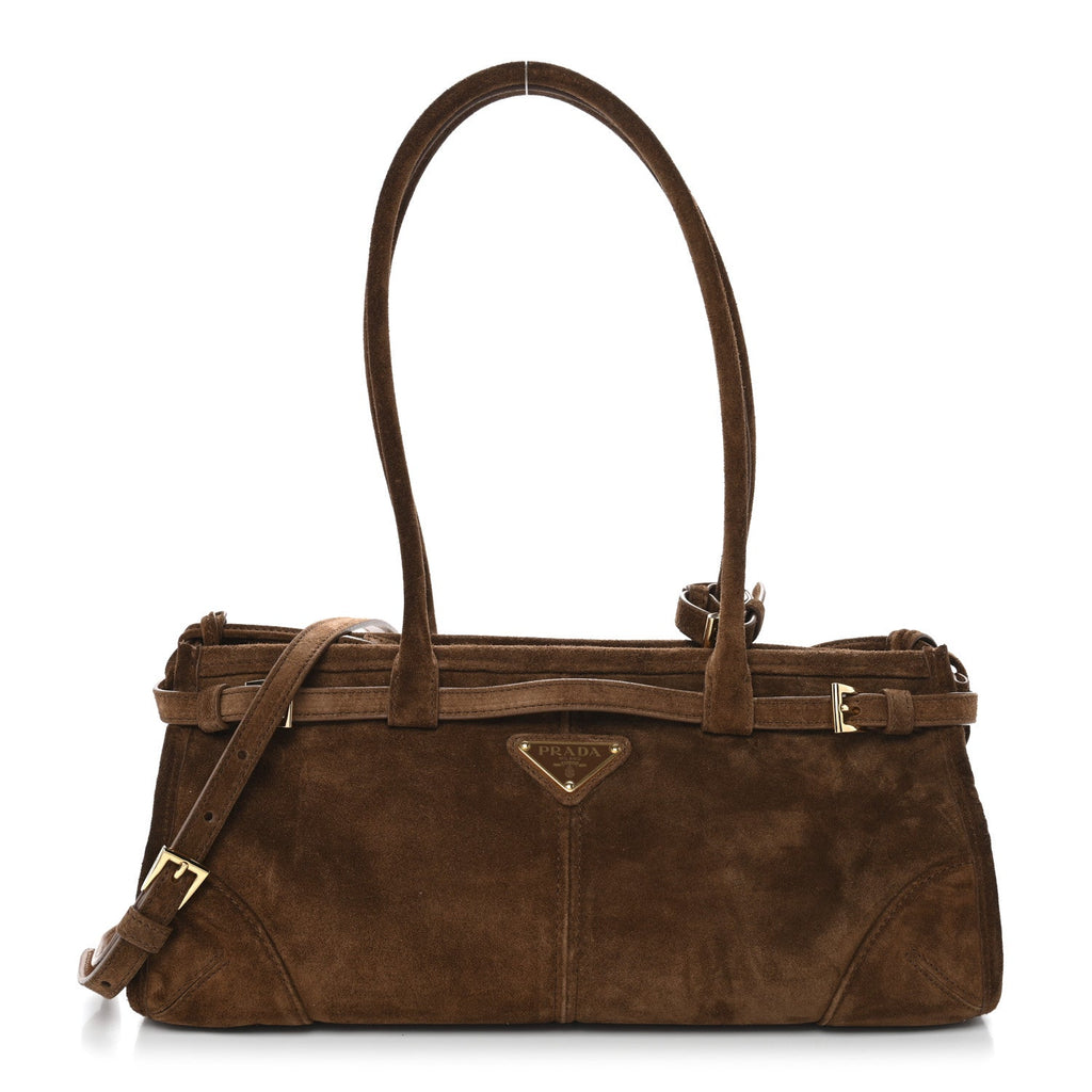 Prada Suede Triangle Medium Bonnie Shoulder Bag Cacao