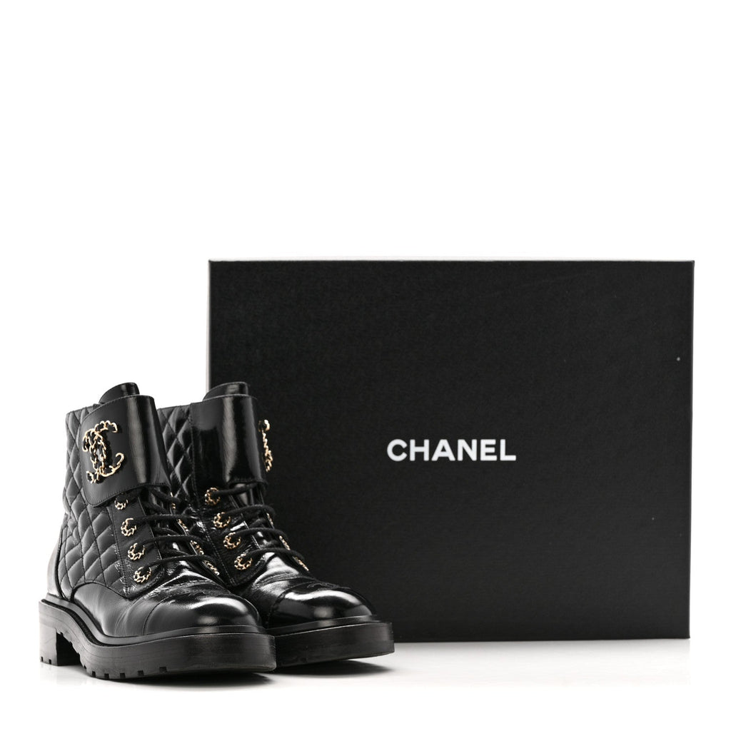 Chanel Shiny Calfskin Quilted Lace Up Combat Boots 39 Black