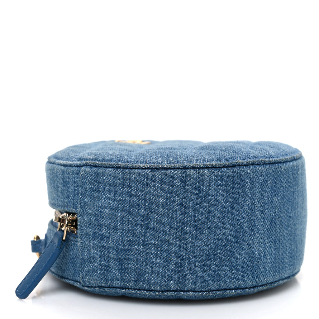 Chanel Denim Quilted Round Pearl Crush Clutch With Chain Blue
