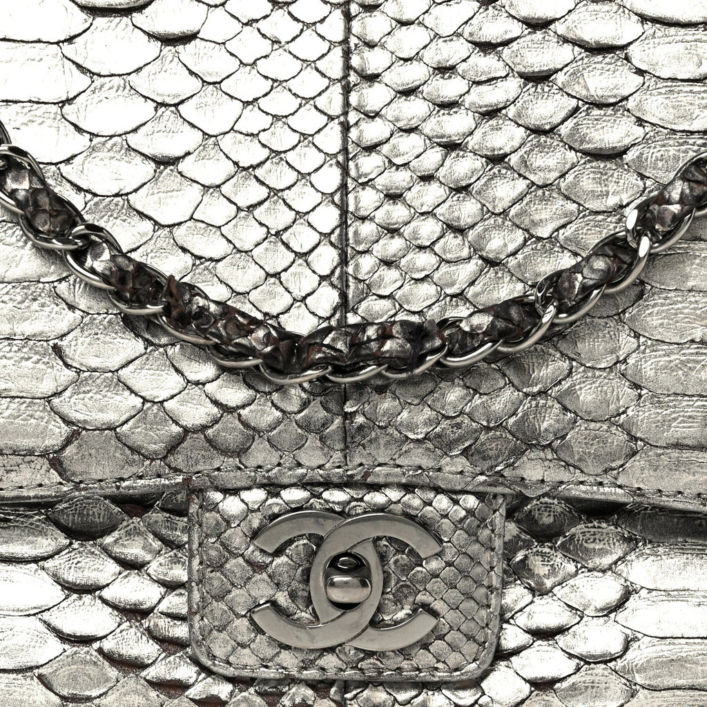 Chanel Metallic Snakeskin Medium Single Flap Silver