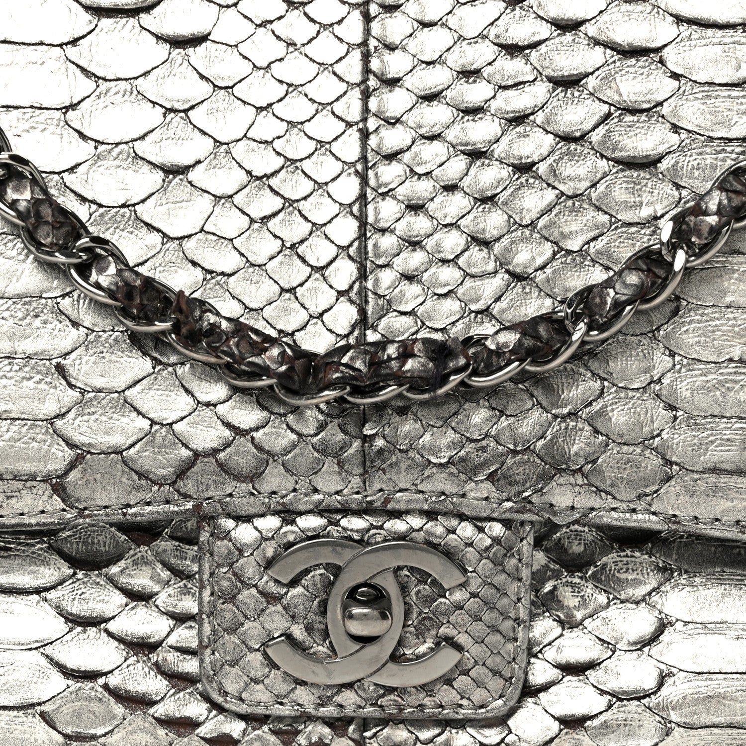 Chanel Metallic Snakeskin Medium Single Flap Silver