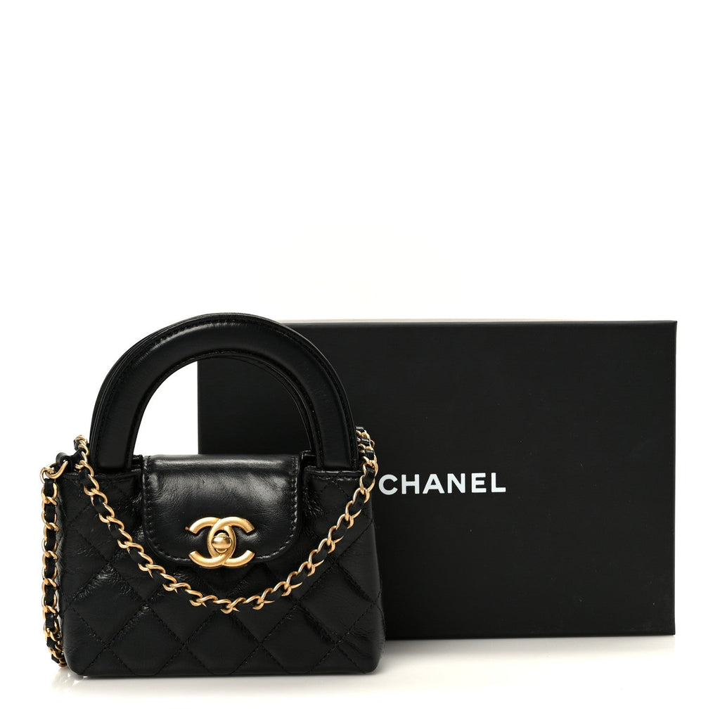Chanel Shiny Aged Calfskin Quilted Mini Nano Kelly Shopper Black