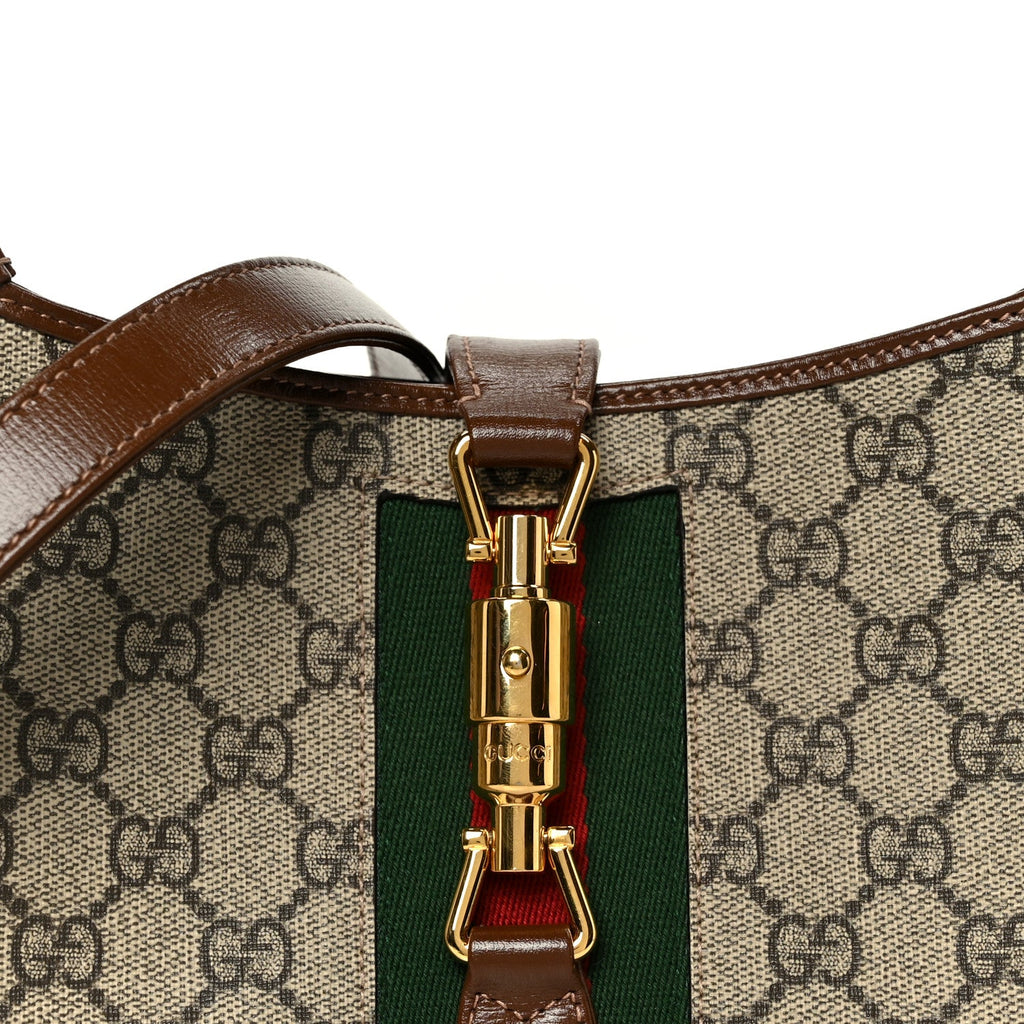 Gucci GG Supreme Monogram Azalea Calfskin Web Small Jackie 1961 Hobo Beige Ebony Brown Sugar