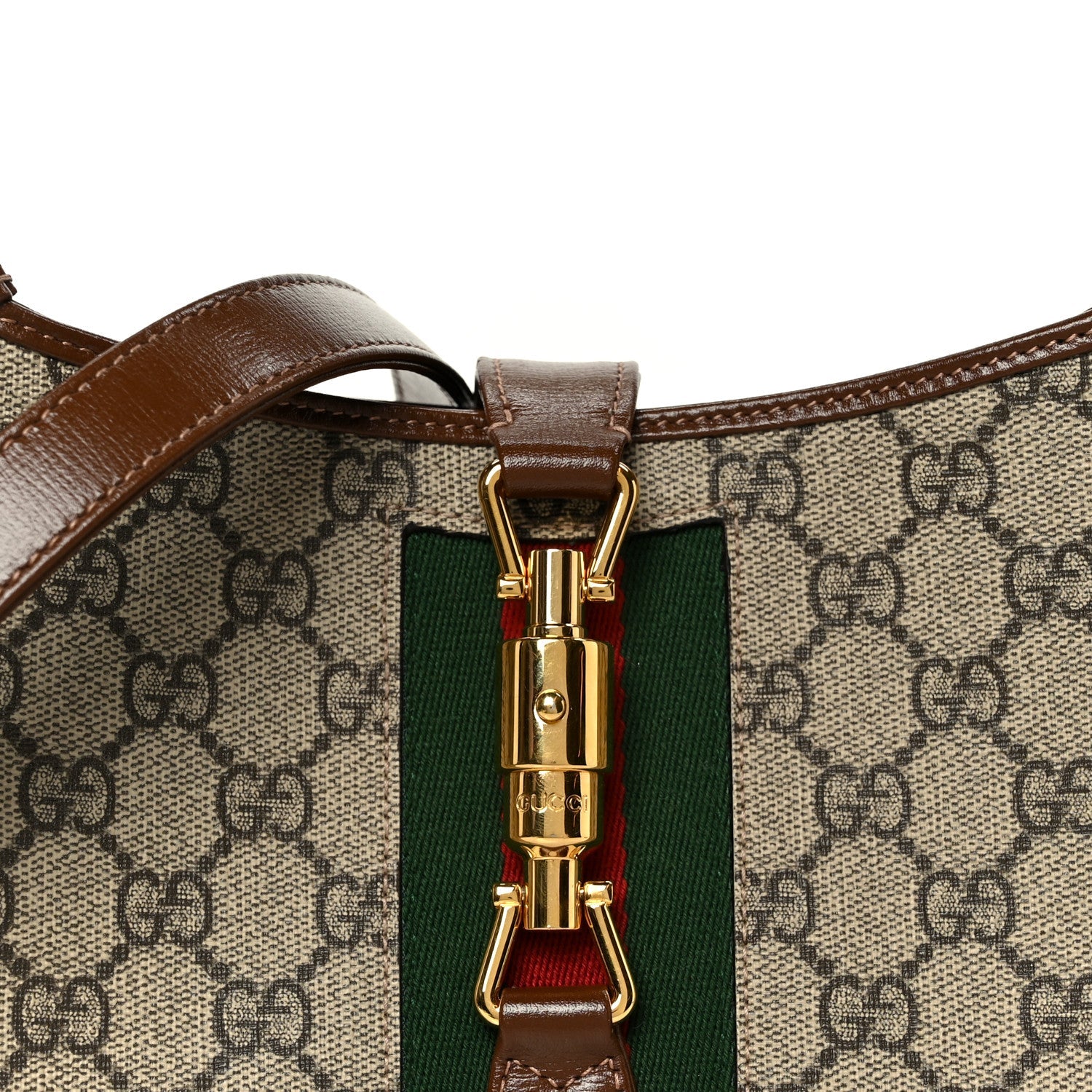 Gucci GG Supreme Monogram Azalea Calfskin Web Small Jackie 1961 Hobo Beige Ebony Brown Sugar
