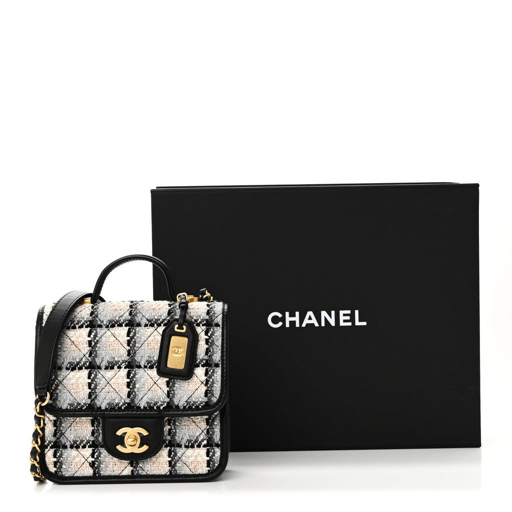 Chanel Tweed Calfskin School Memory Mini Top Handle Flap Ecru Grey Beige Black