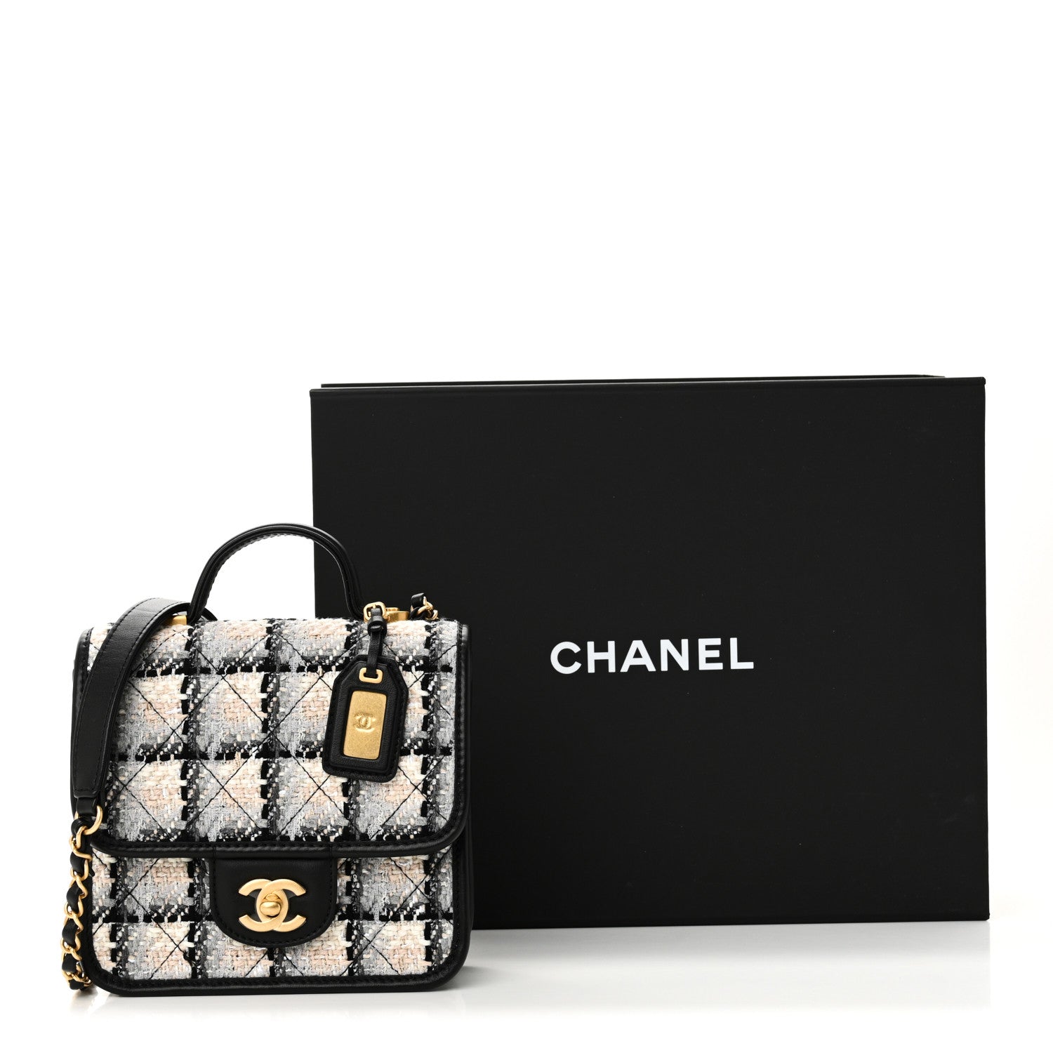 Chanel Tweed Calfskin School Memory Mini Top Handle Flap Ecru Grey Beige Black
