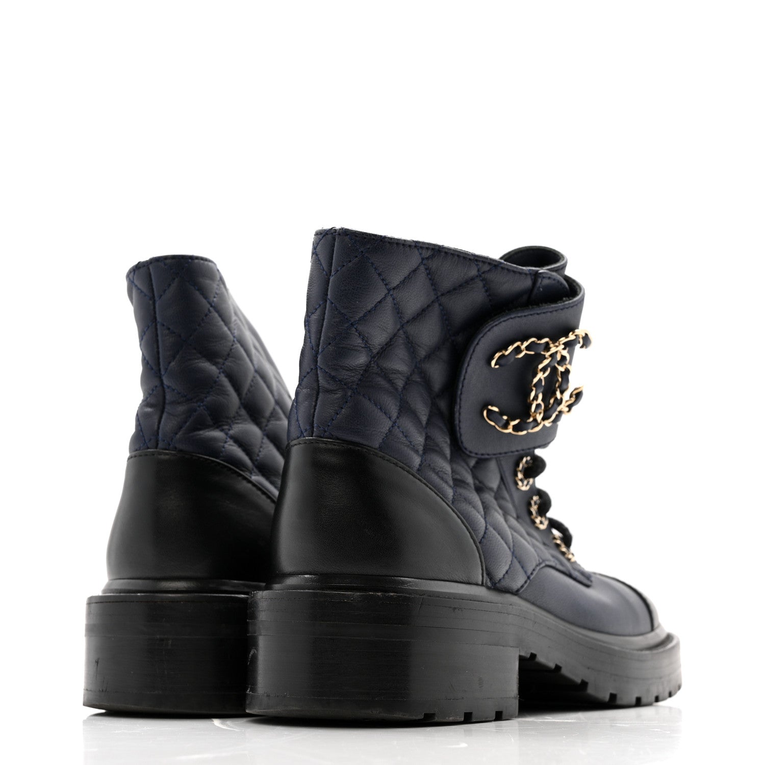 Chanel Shiny Lambskin Quilted Lace Up Combat Boots 36.5 Navy Black