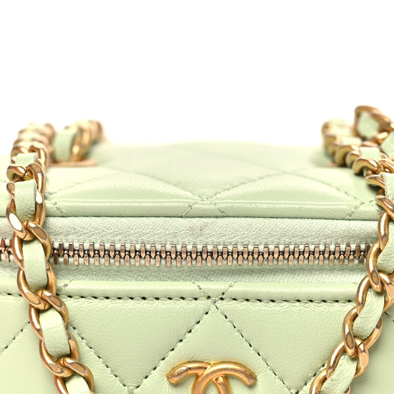 Chanel Lambskin Quilted Pearl Crush Mini Vanity Case With Chain Light Green