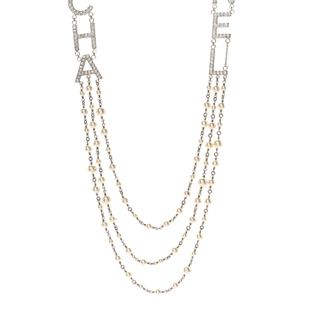 Pearl Crystal Cha-Nel Logo Necklace Gold