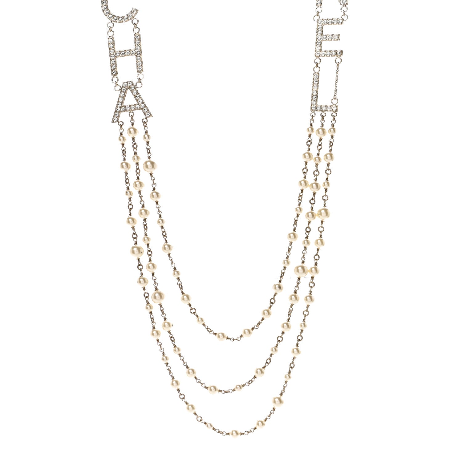 Pearl Crystal Cha-Nel Logo Necklace Gold