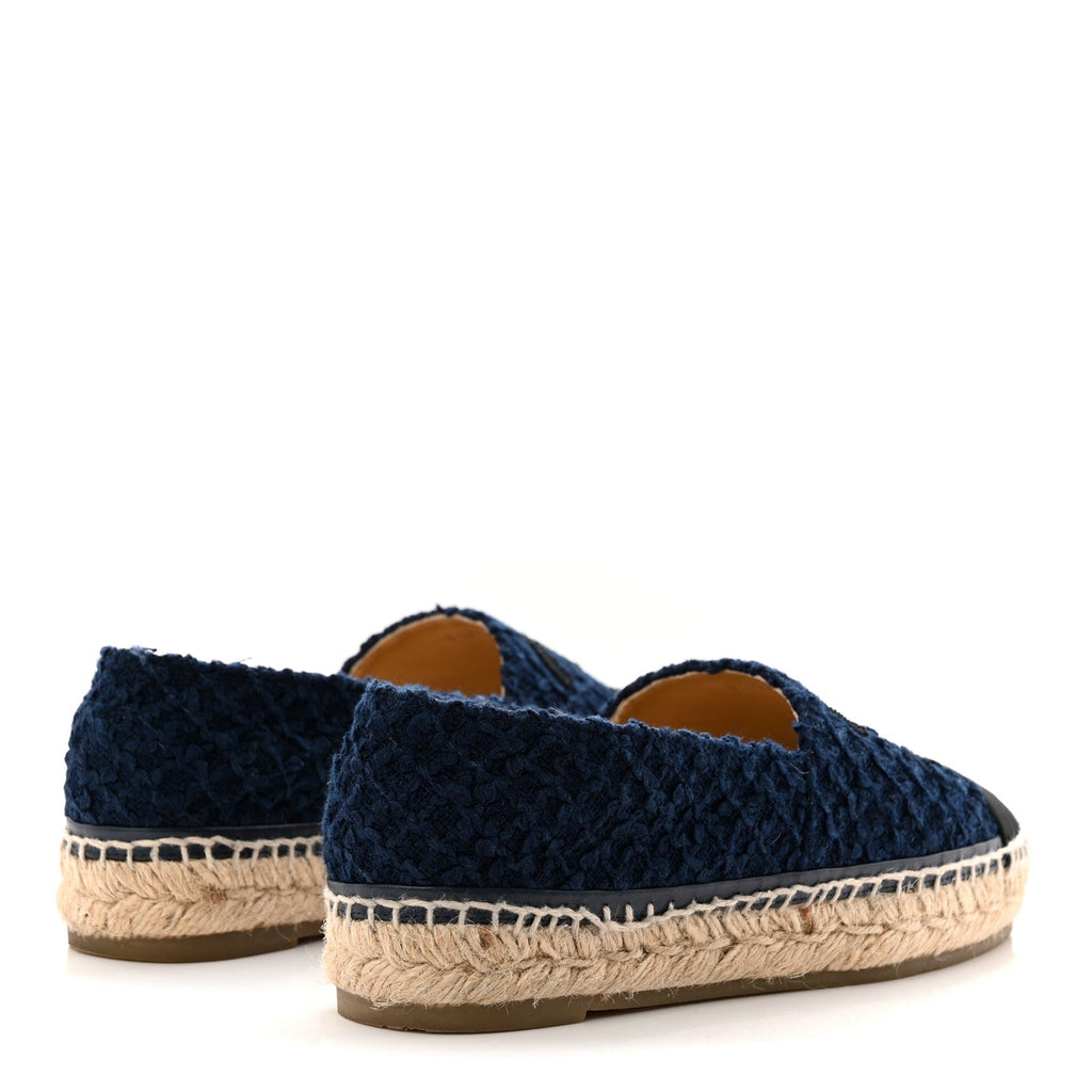 Chanel Tweed Grosgrain CC Espadrilles 37 Navy Black