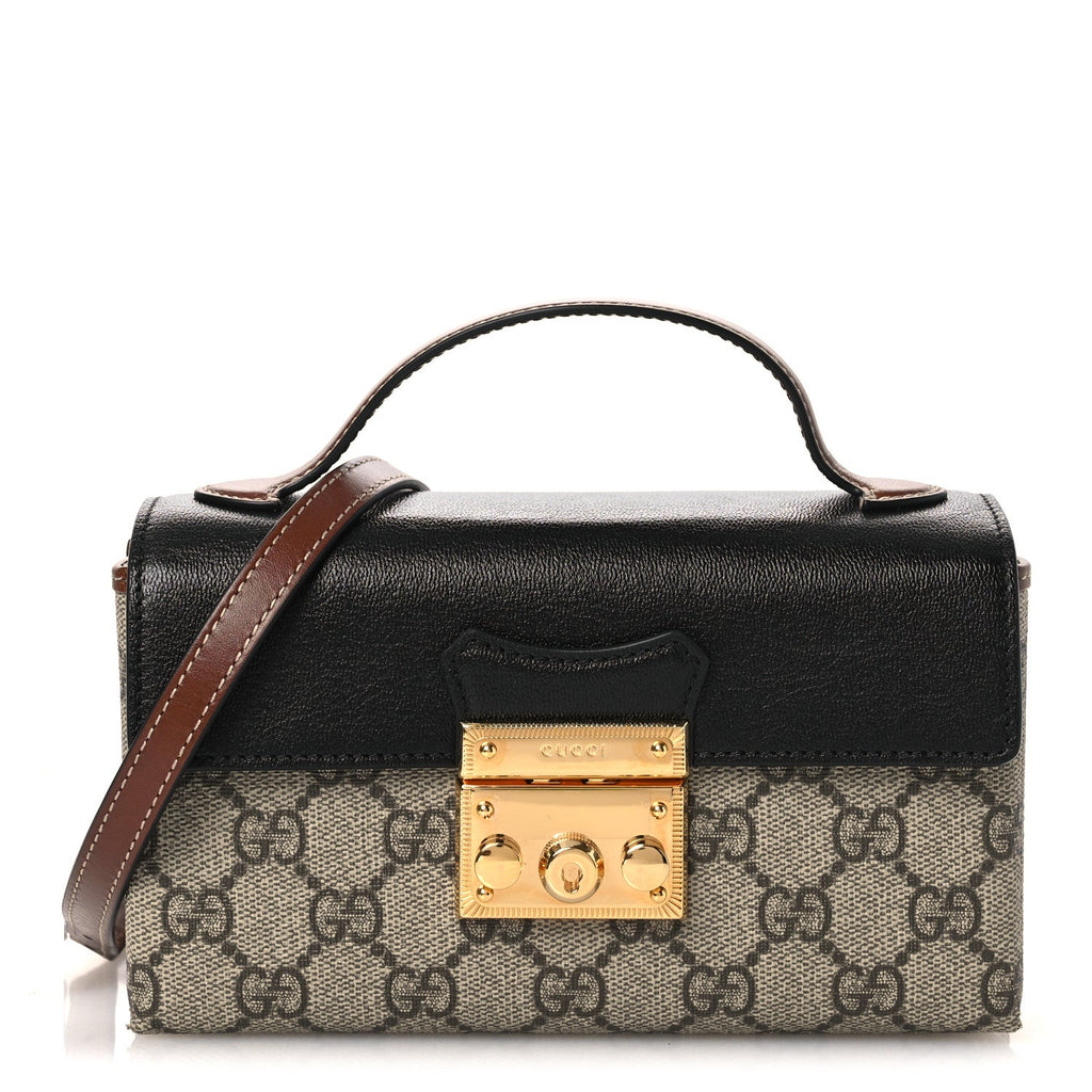 Gucci GG Supreme Monogram Calfskin Mini Padlock Top Handle Shoulder Bag Beige Black Cuir