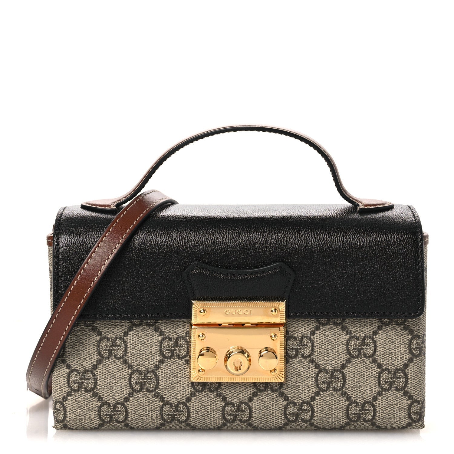 Gucci GG Supreme Monogram Calfskin Mini Padlock Top Handle Shoulder Bag Beige Black Cuir