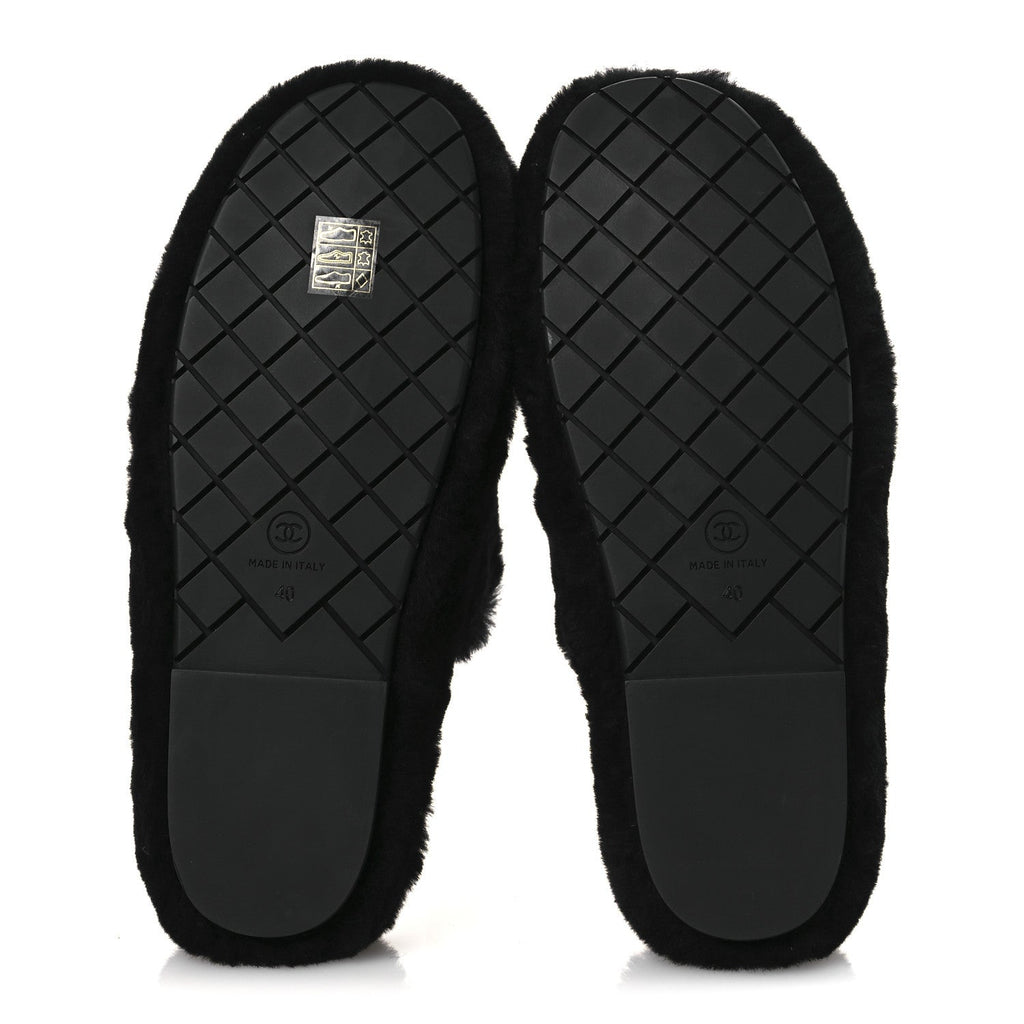 Chanel Shearling CC Flat Mules 40 Black