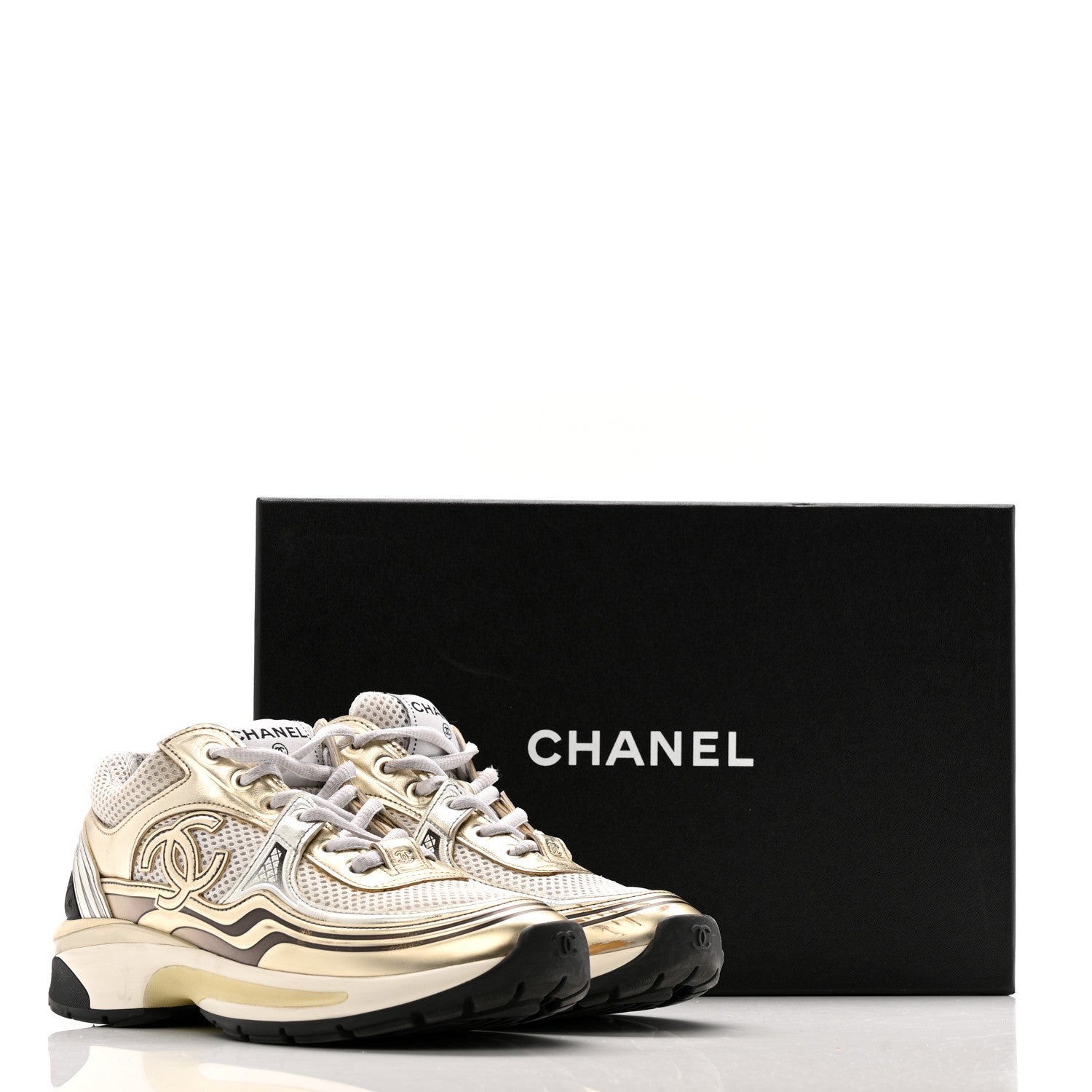 Fabric Laminated Calfskin Stretch CC Sneakers 36.5 White Gold Silver