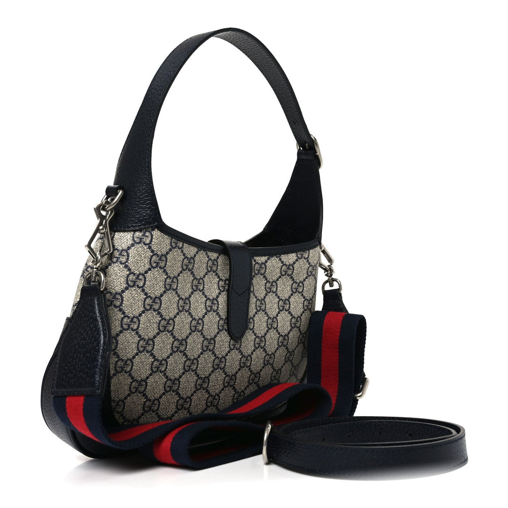 Gucci GG Supreme Monogram Textured Dollar Calfskin Web Small Jackie 1961 Hobo Beige Blue