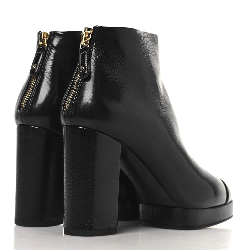 Chanel Shiny Crumpled Calfskin CC Cap Toe Ankle Boots 35.5 Black