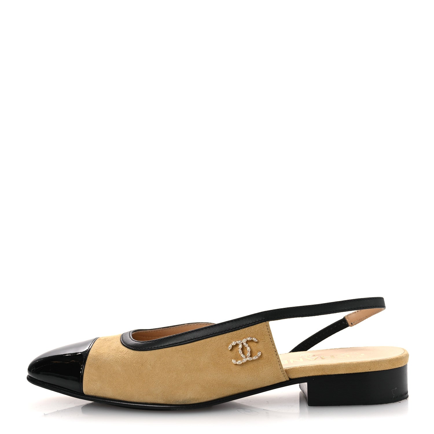 Chanel Suede Patent Crystal CC Cap Toe Slingback Flats 37 Beige Black