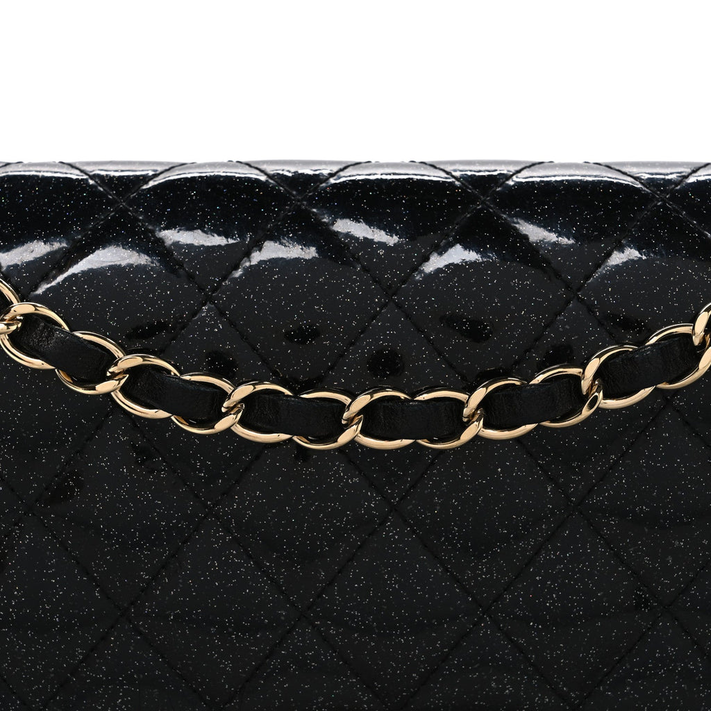 Chanel Patent Quilted Sparkle Glitter Medium Double Flap Black