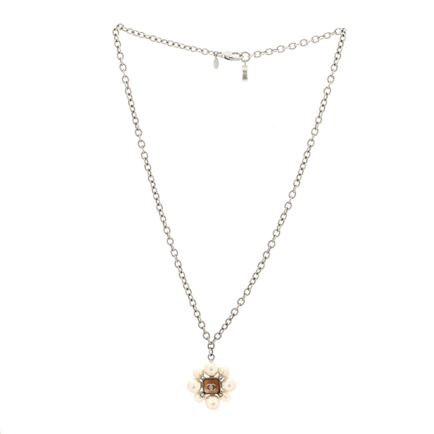 Gripoix Pearl Crystal CC Pendant Necklace Silver