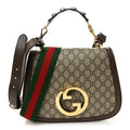 Gucci GG Supreme Monogram Textured Dollar Calfskin Web Medium Blondie Top Handle Shoulder Flap Bag Beige Ebony New Acero
