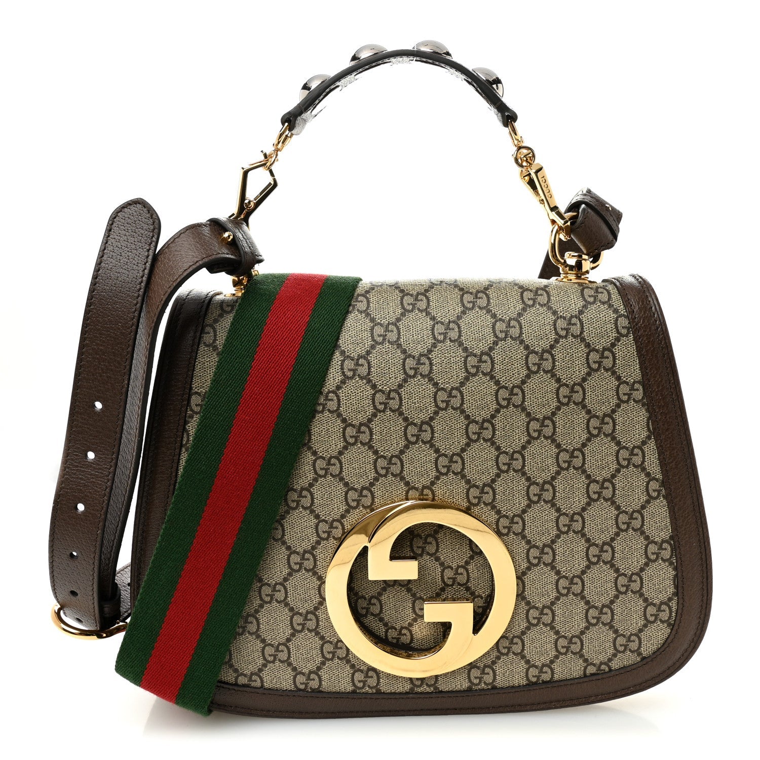 Gucci GG Supreme Monogram Textured Dollar Calfskin Web Medium Blondie Top Handle Shoulder Flap Bag Beige Ebony New Acero