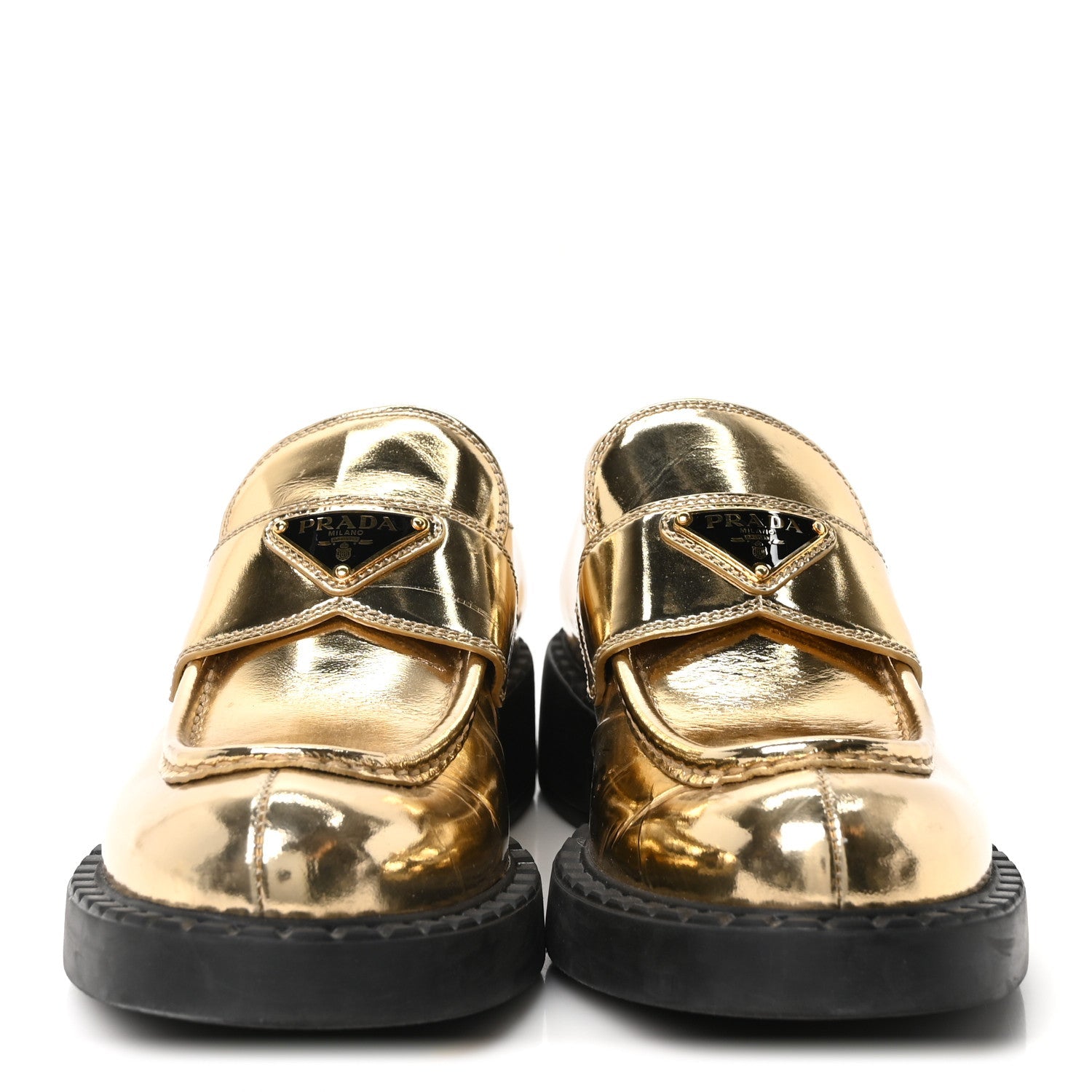 Prada Metallic Brushed Calfskin Metal Triangle Logo 50mm Loafers 39.5 Platino