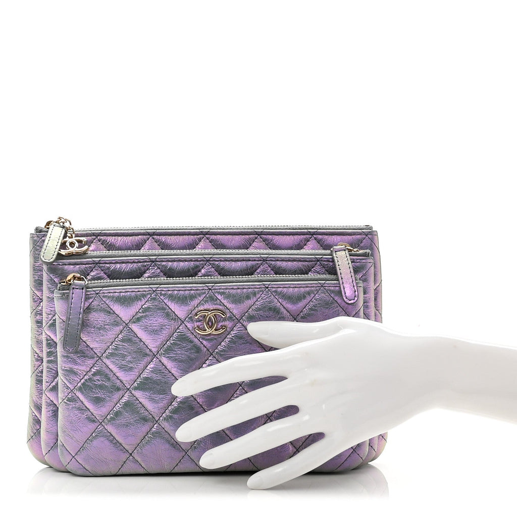 Iridescent Crumpled Calfskin Trio Cosmetic Case Purple