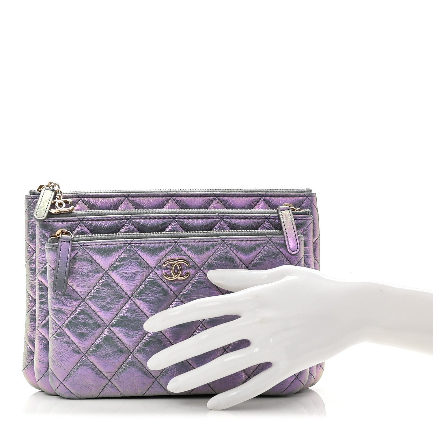 Iridescent Crumpled Calfskin Trio Cosmetic Case Purple