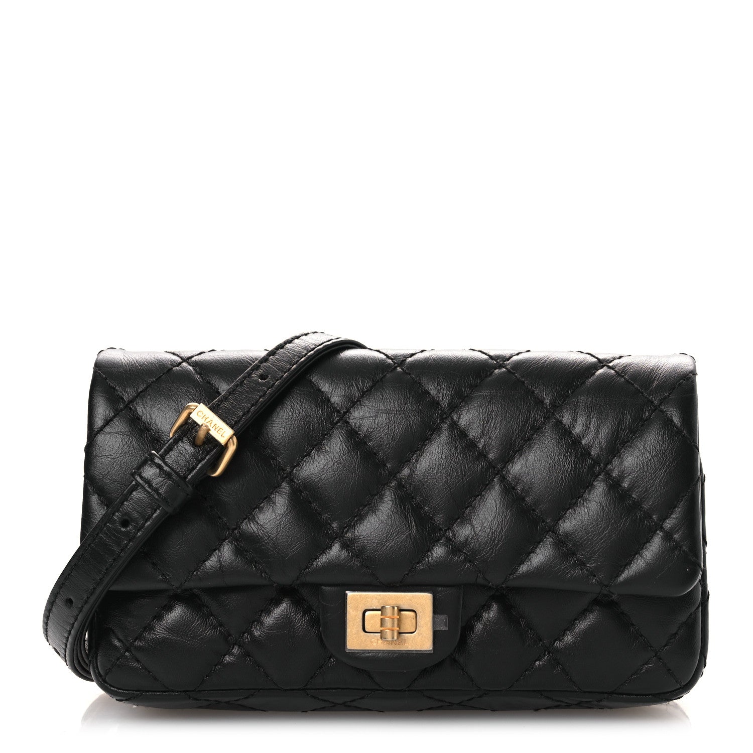 Chanel Aged Calfskin Quilted 2.55 Reissue Flap Belt Bag Clutch Black