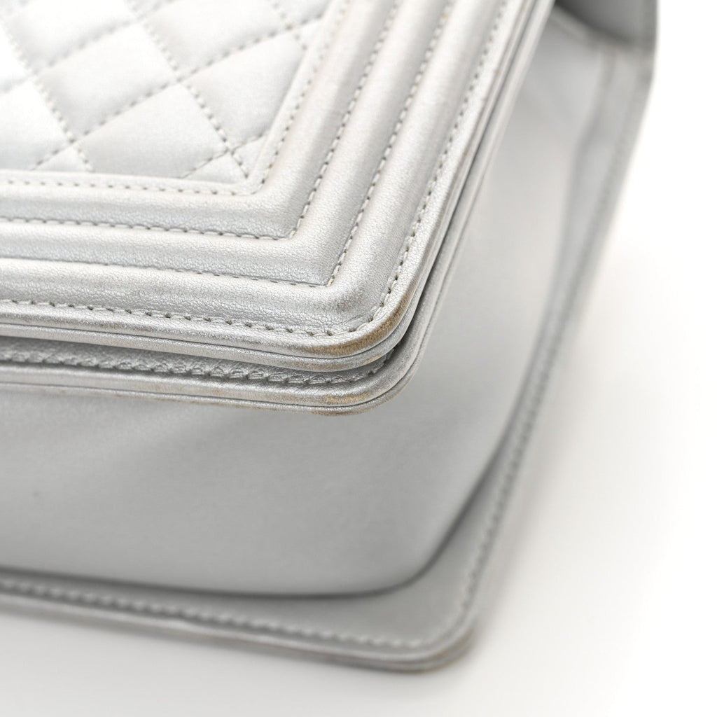 Chanel Metallic Calfskin Quilted New Medium Plexiglass Boy Flap Silver