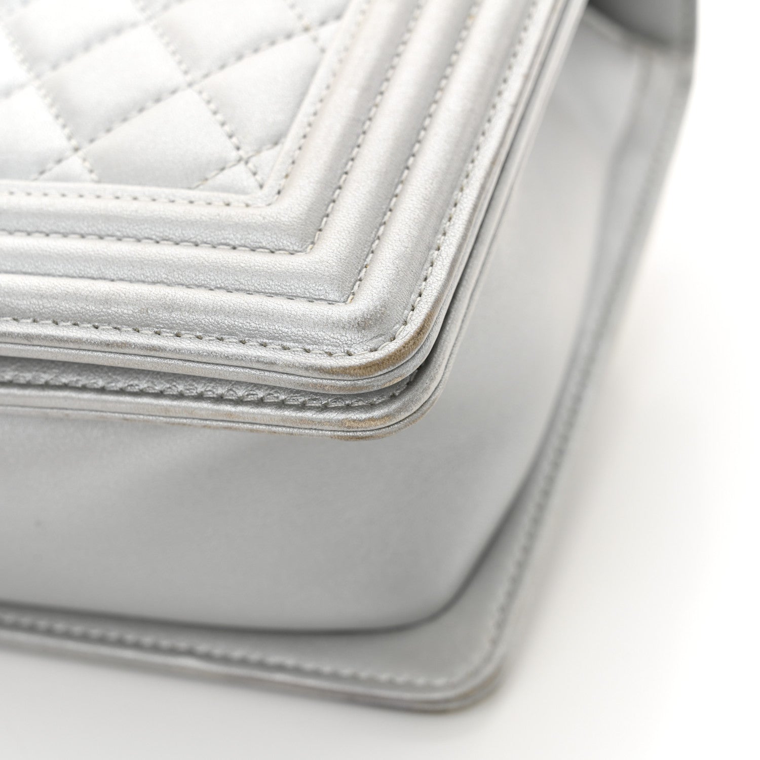 Chanel Metallic Calfskin Quilted New Medium Plexiglass Boy Flap Silver
