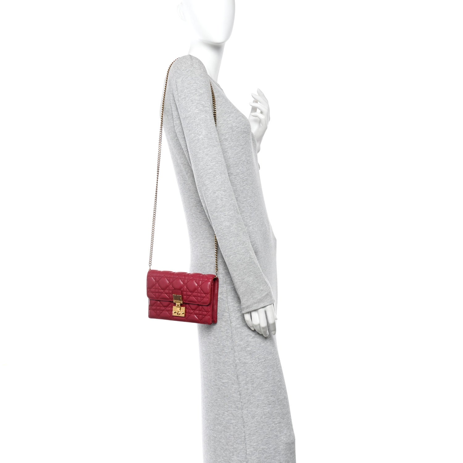 Christian Dior Lambskin Cannage Dioraddict Wallet On Chain Clutch Fuchsia