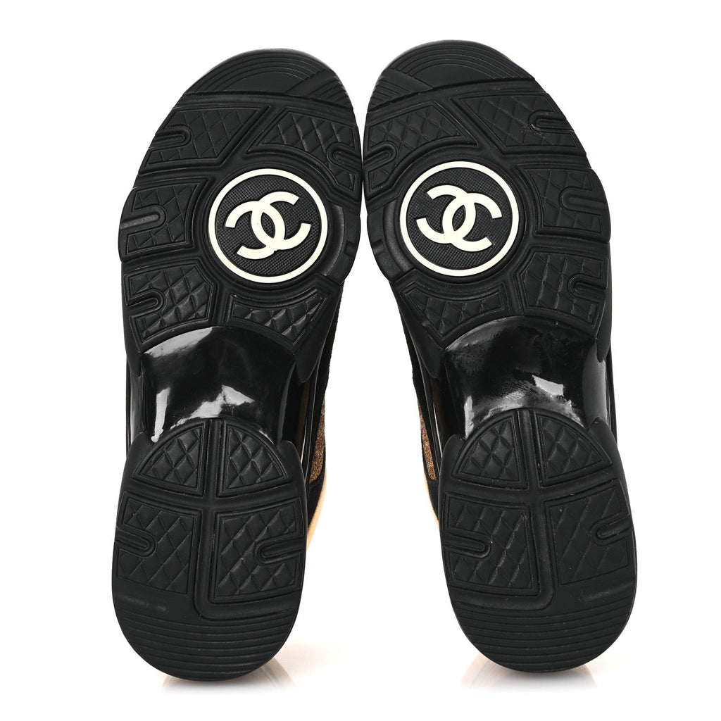 Metallic Fabric Suede Calfskin Crocodile Embossed Mens CC Sneakers 45 Black Gold