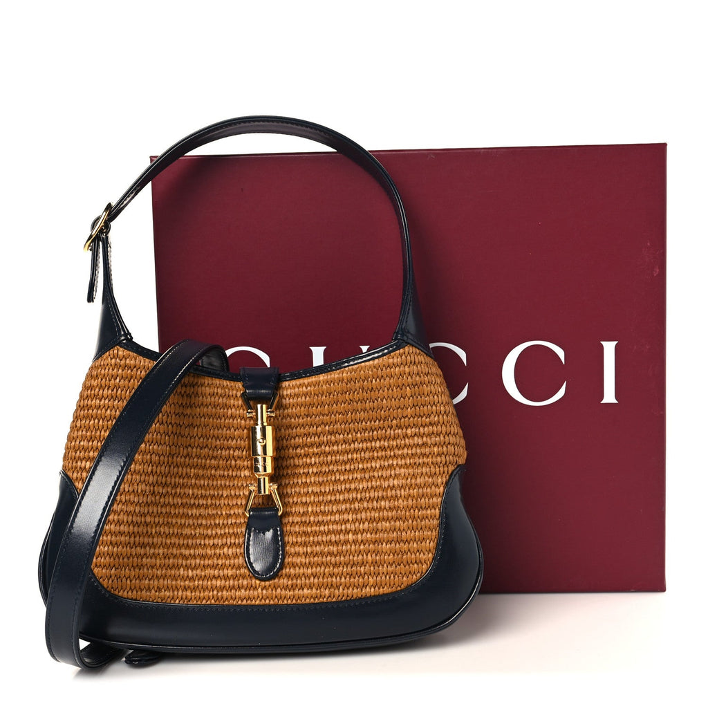 Gucci Straw Lux Boarded Dyana Lux Calfskin Small Jackie 1961 Hobo Dark Natural Blue