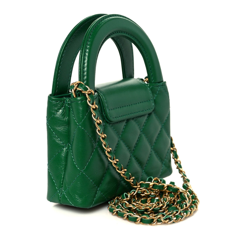 Chanel Shiny Aged Calfskin Quilted Mini Nano Kelly Shopper Green