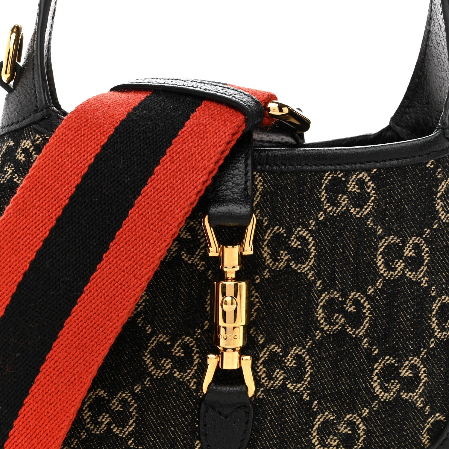 Gucci Jacquard Black Denim GG Monogram Textured Dollar Calfskin Mini Jackie 1961 Hobo Black Ivory