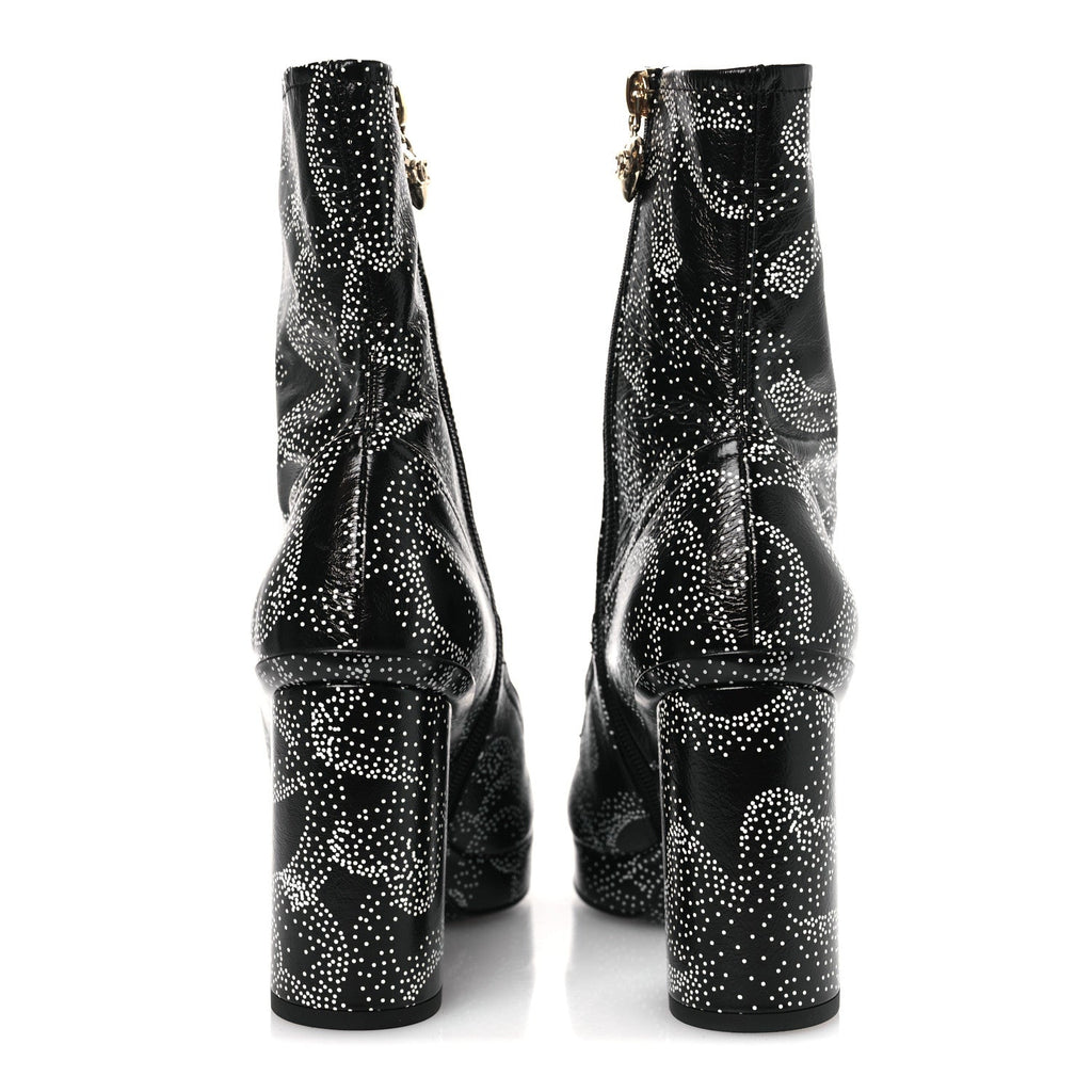 Calfskin Camellia Printed Ankle Boots 38.5 Black White