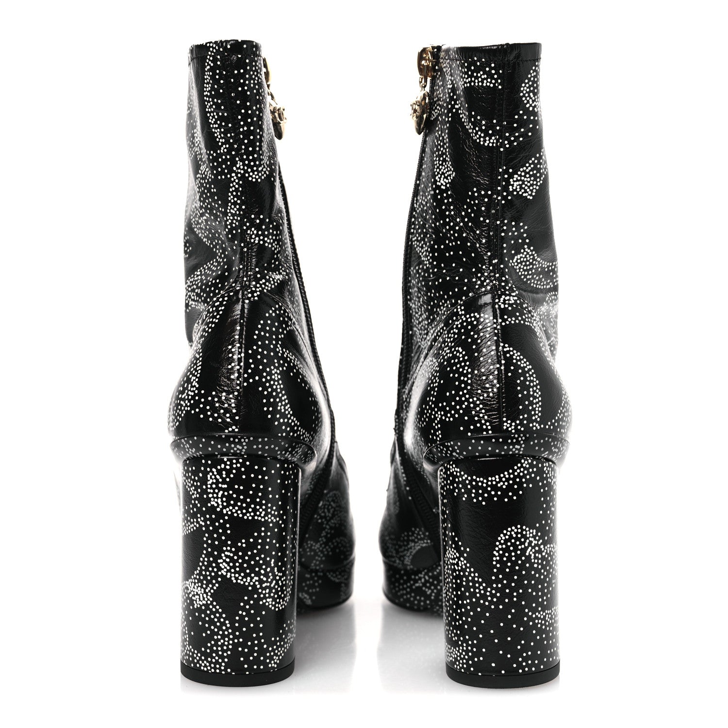 Calfskin Camellia Printed Ankle Boots 38.5 Black White