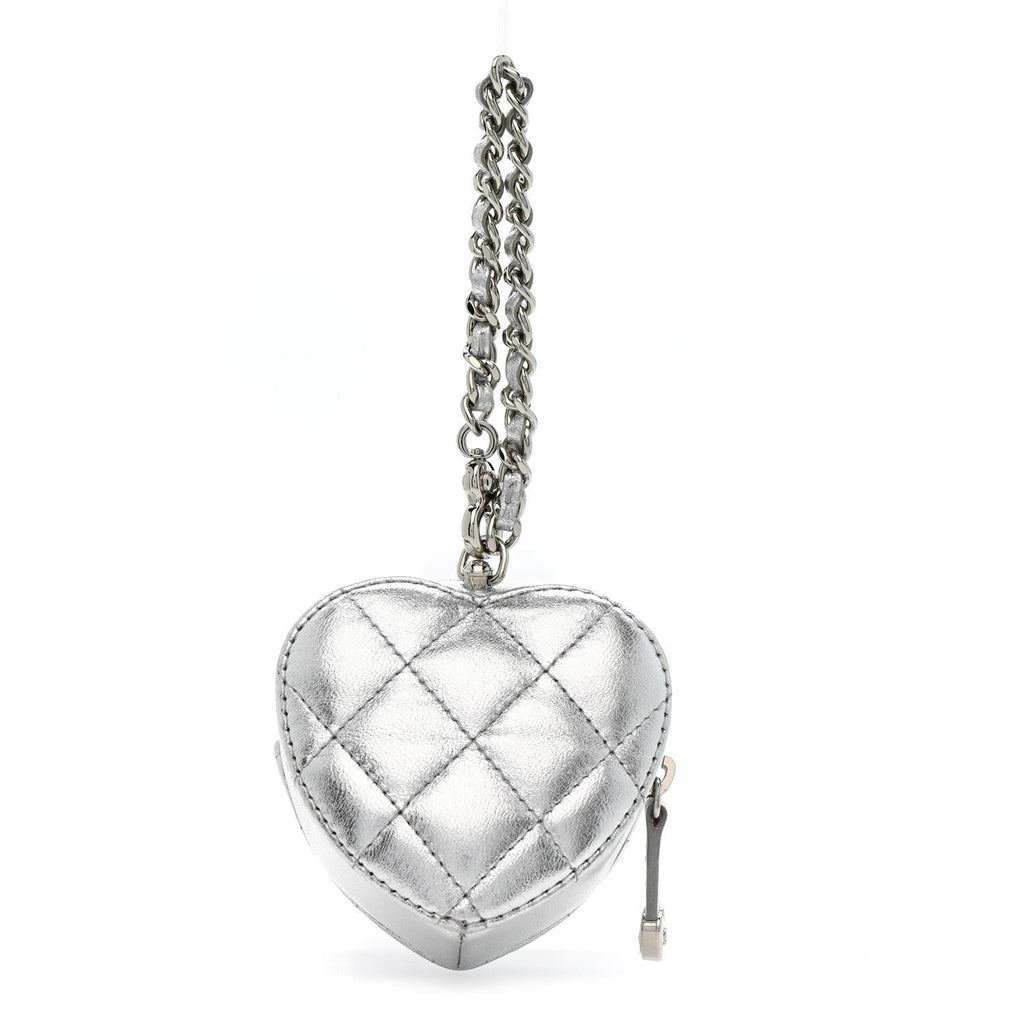 Metallic Lambskin Quilted CC Mini In Love Heart Bag Charm Silver