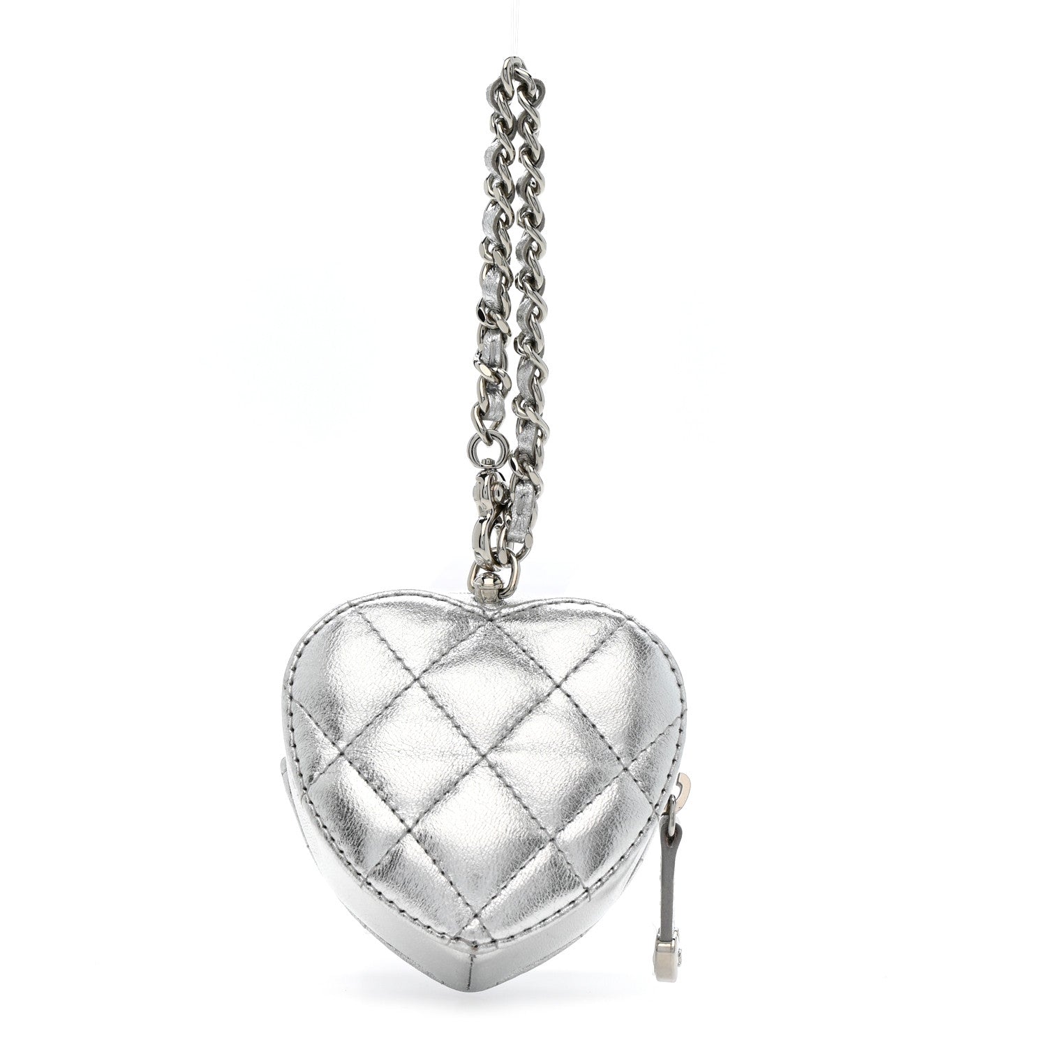 Metallic Lambskin Quilted CC Mini In Love Heart Bag Charm Silver