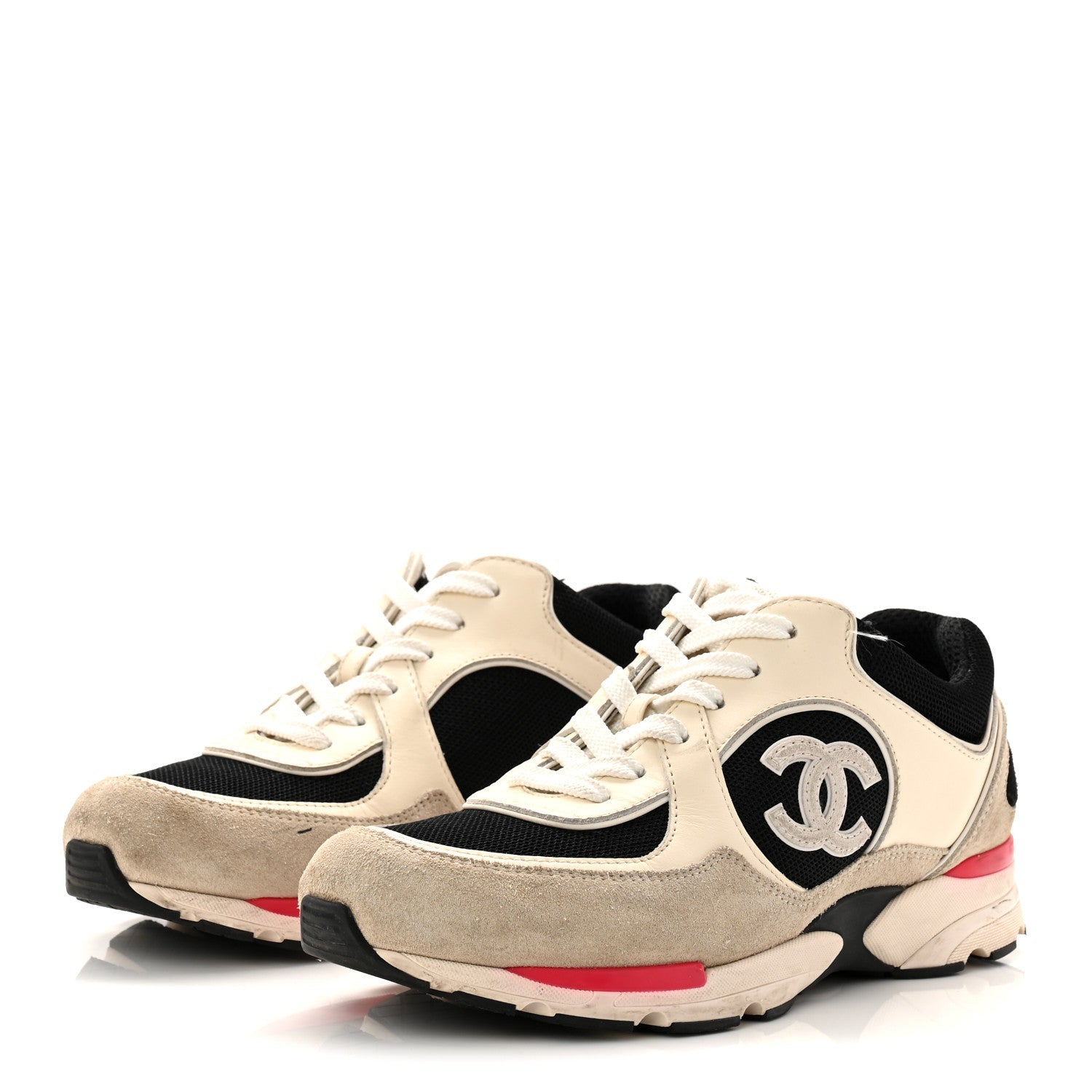 Mesh Suede Calfskin Grained Calfskin Womens CC Sneakers 38.5 White Black Pink
