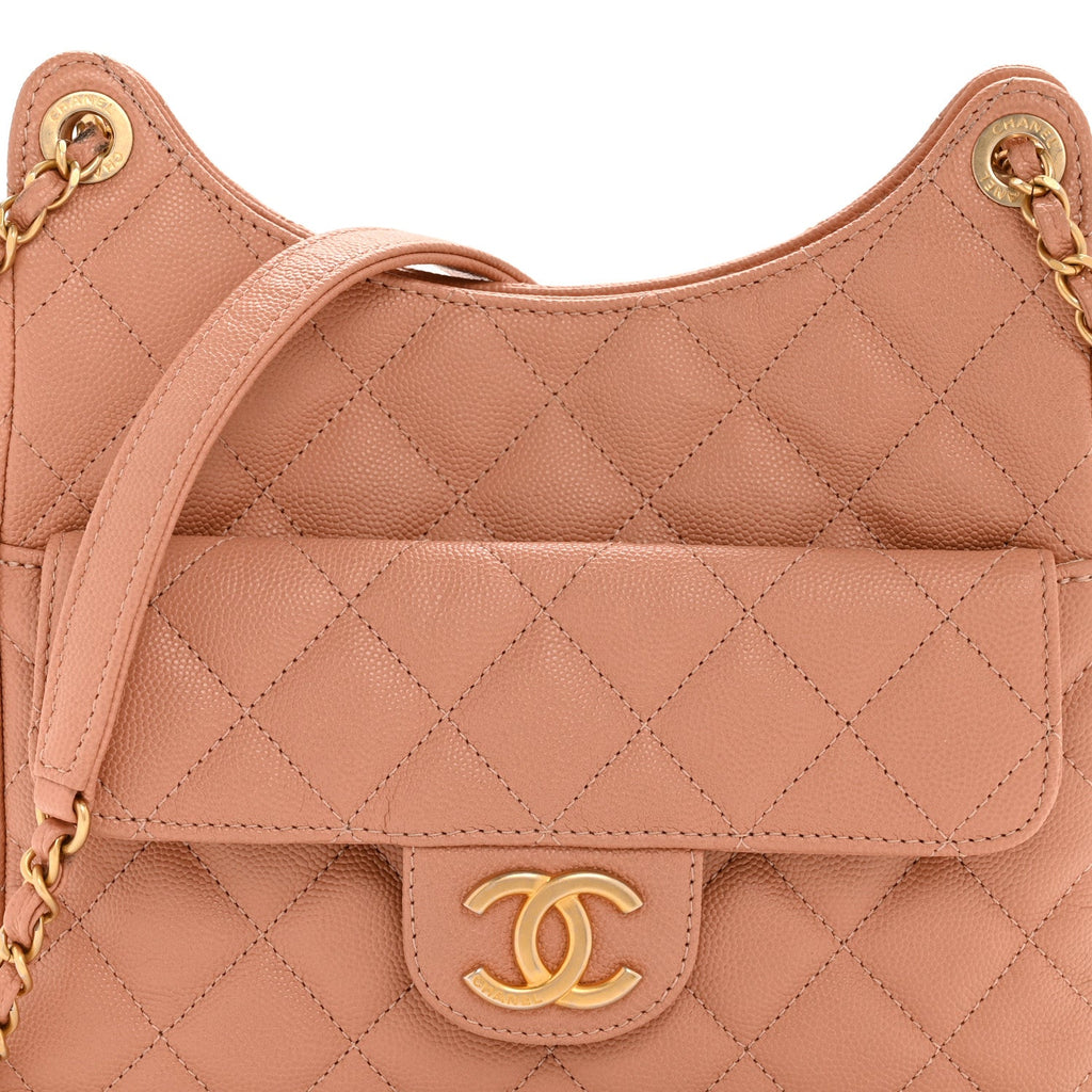 Chanel Caviar Quilted Wavy CC Hobo Beige