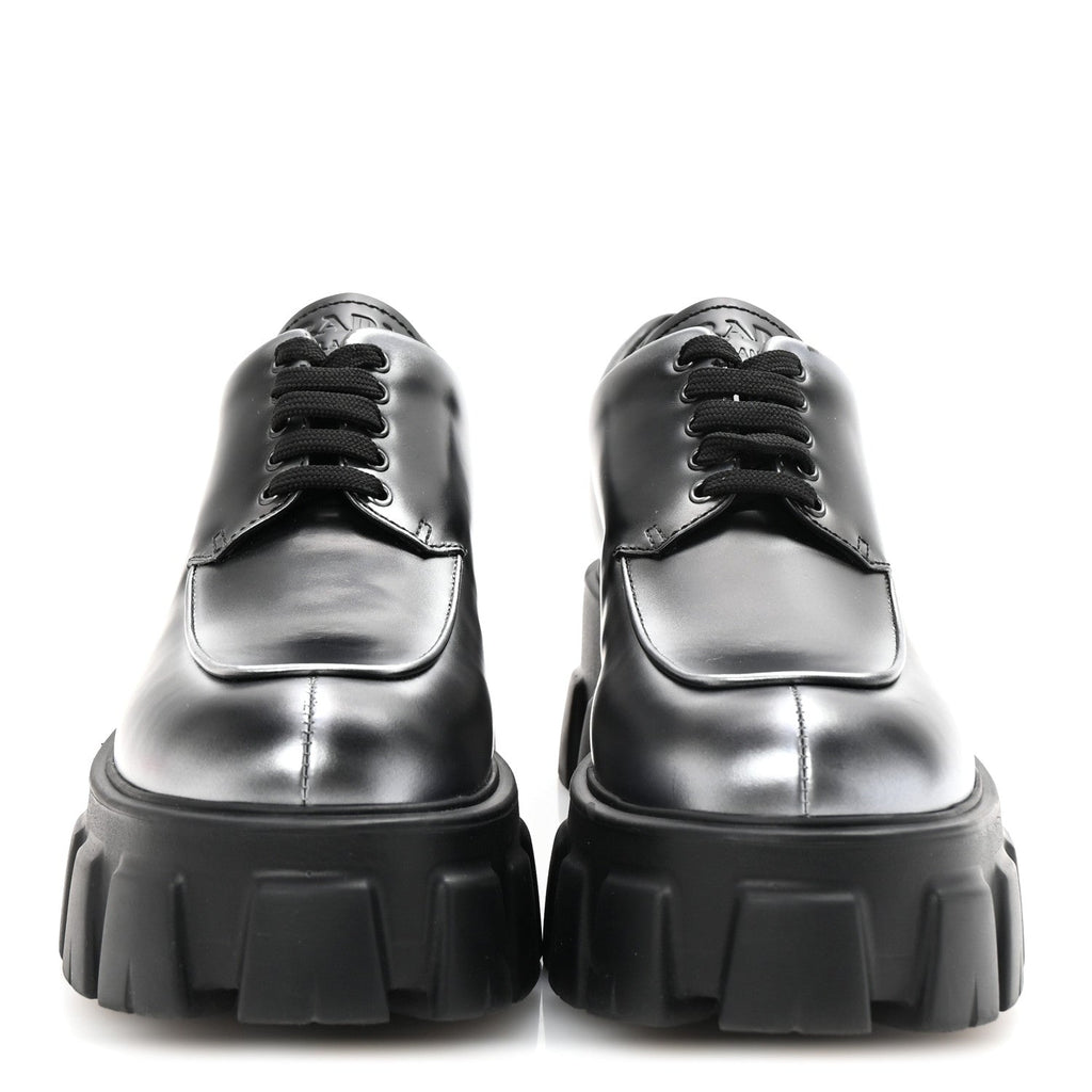 Prada Spazzolato Rois Sfumato Monolith 55mm Derby Loafers 38.5 Black Argento