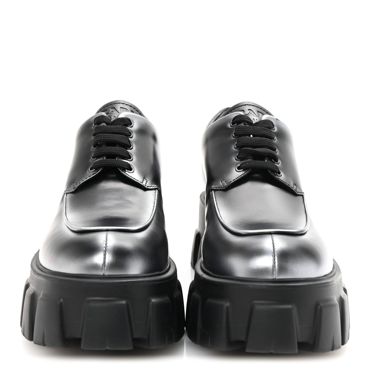 Prada Spazzolato Rois Sfumato Monolith 55mm Derby Loafers 38.5 Black Argento