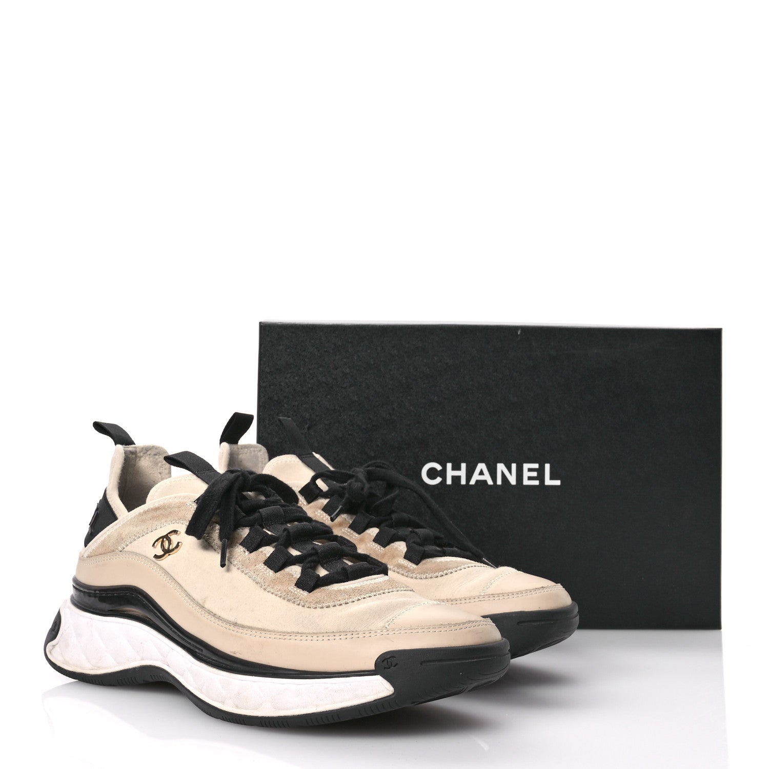 Chanel Velvet Calfskin Mixed Fibers CC Sneakers 40.5 Beige