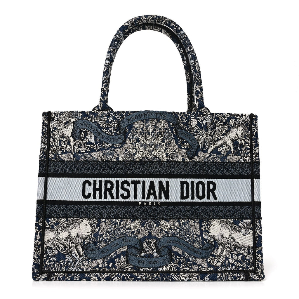 Christian Dior Canvas Embroidered Medium Around The World Book Tote Blue