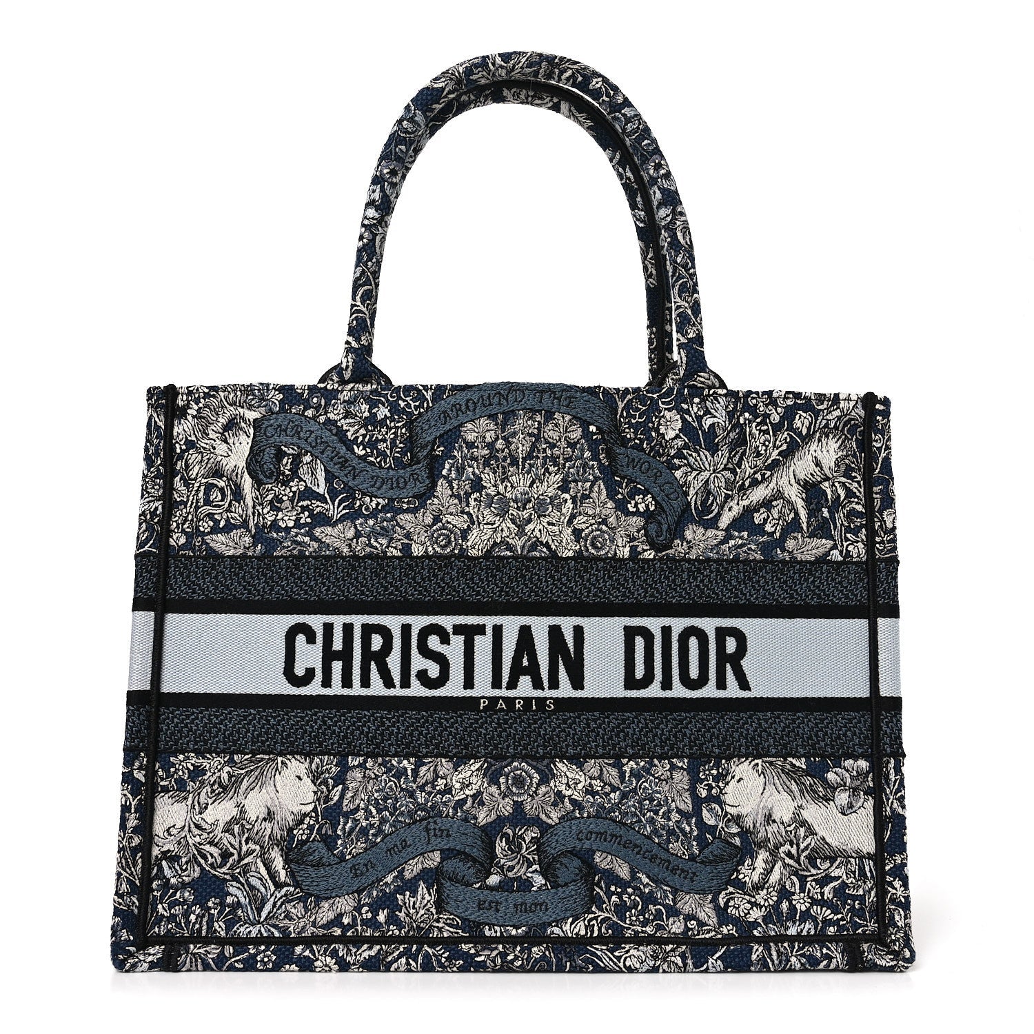 Christian Dior Canvas Embroidered Medium Around The World Book Tote Blue